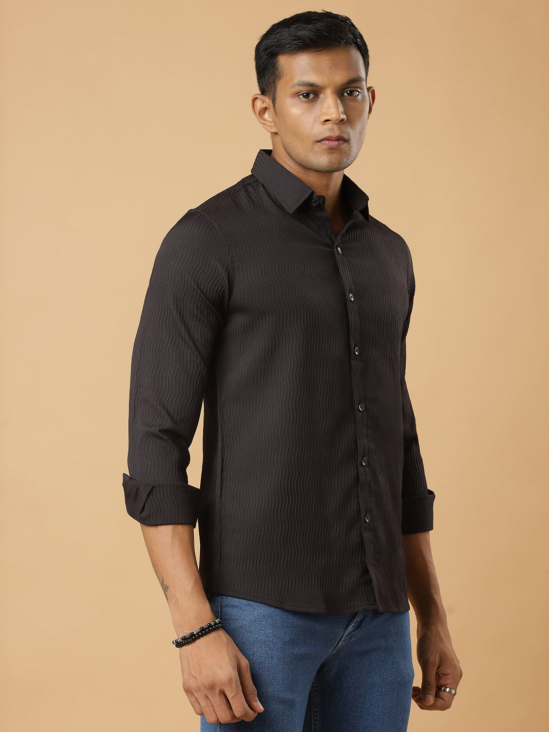 Black | Wavy Ridge | Pleated Design Shirt