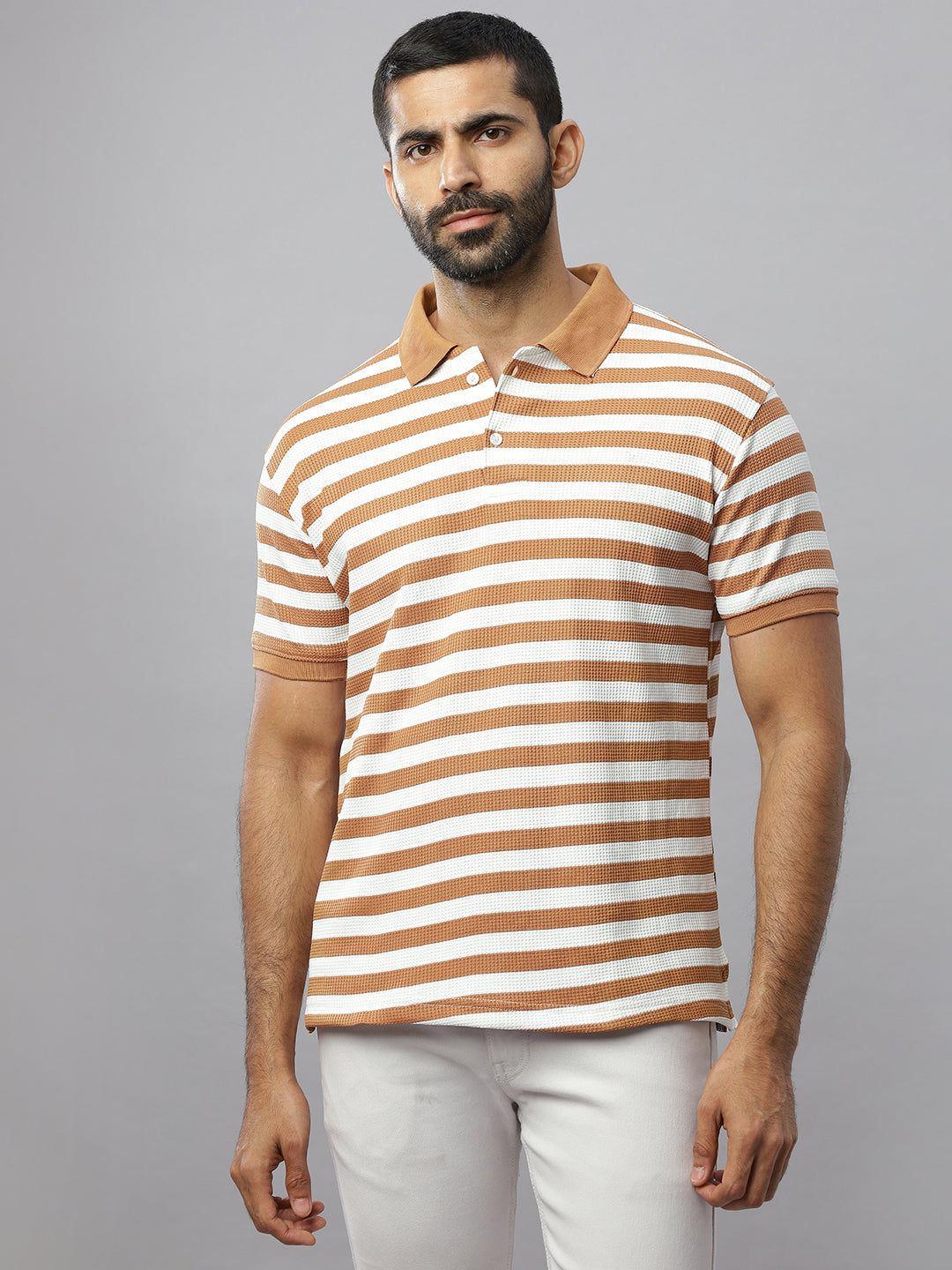 Brown Waffle Polo Striped T-Shirt