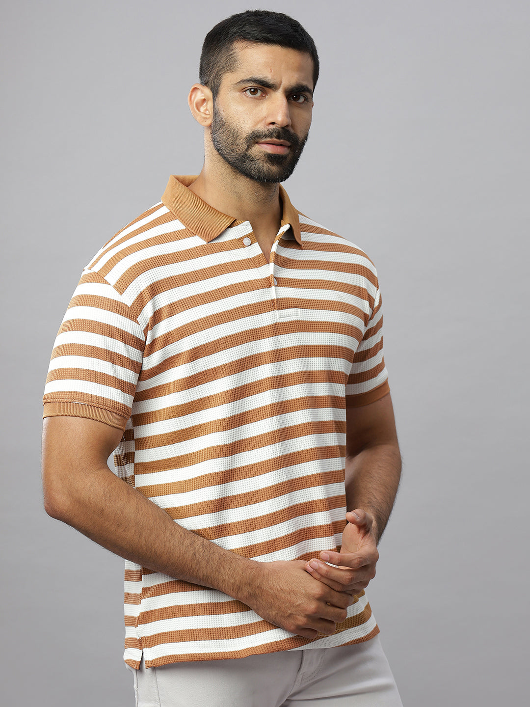 Brown Waffle Polo Striped T-Shirt