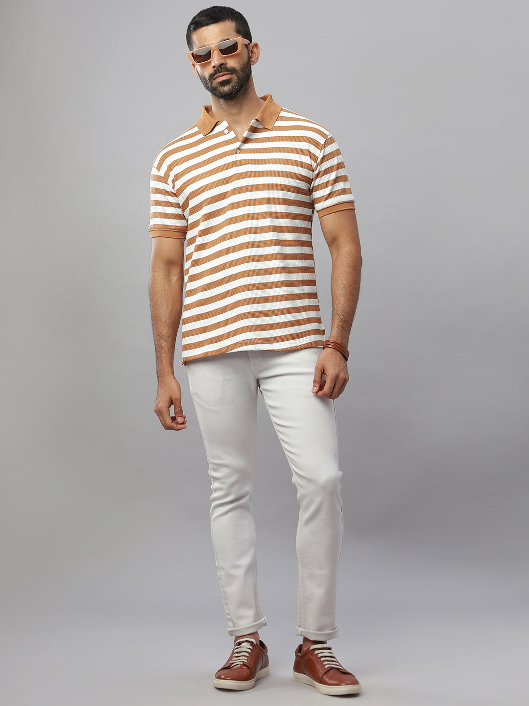 Brown Waffle Polo Striped T-Shirt
