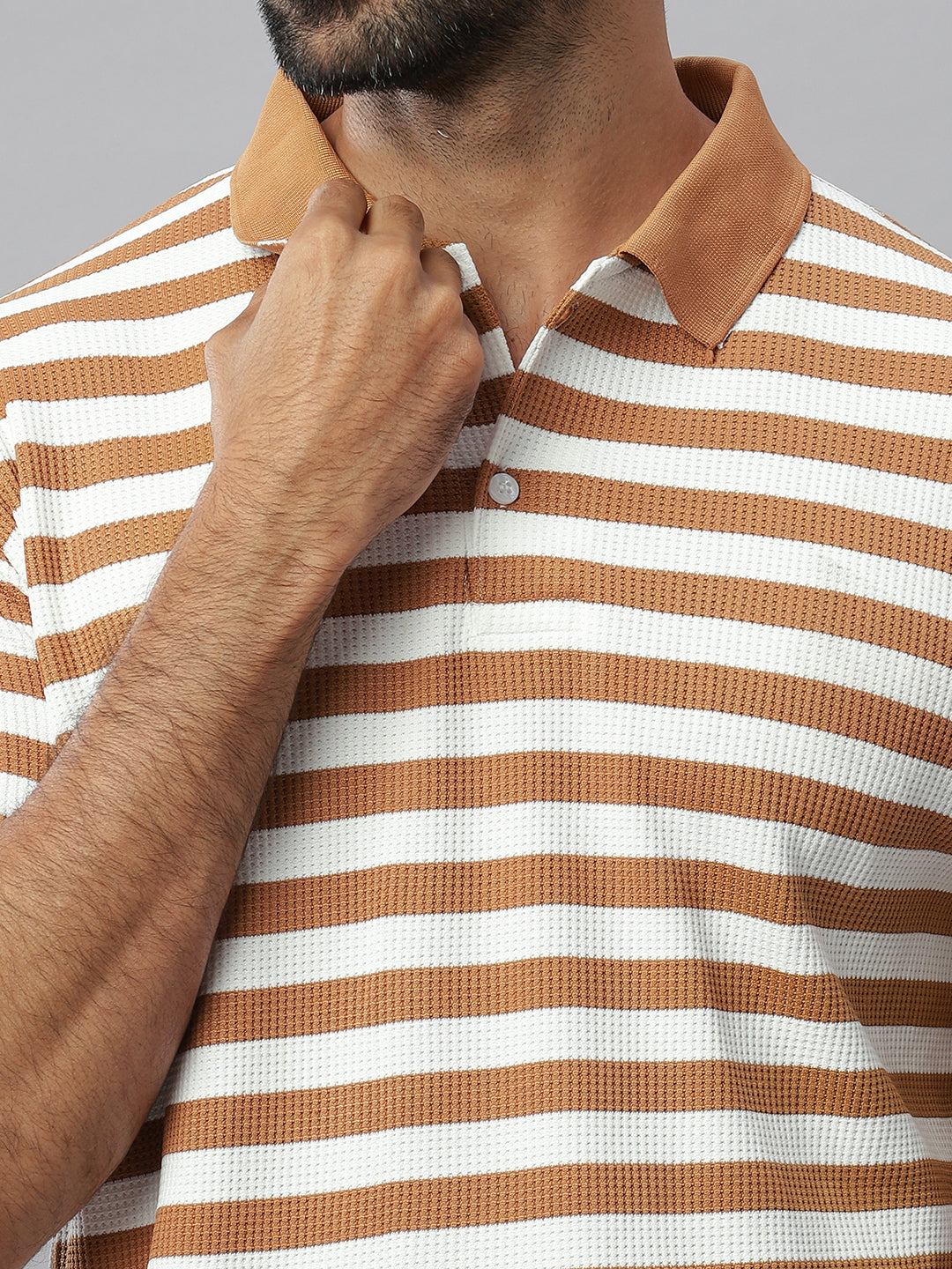 Brown Waffle Polo Striped T-Shirt