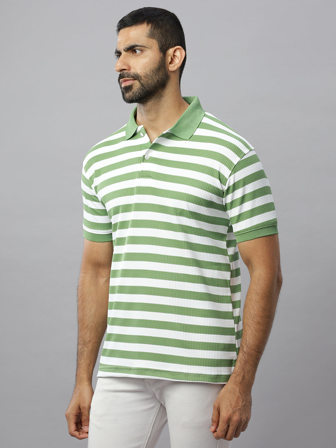 Green Waffle Polo Striped T-Shirt