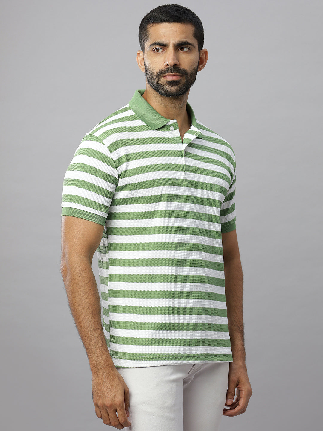 Green Waffle Polo Striped T-Shirt