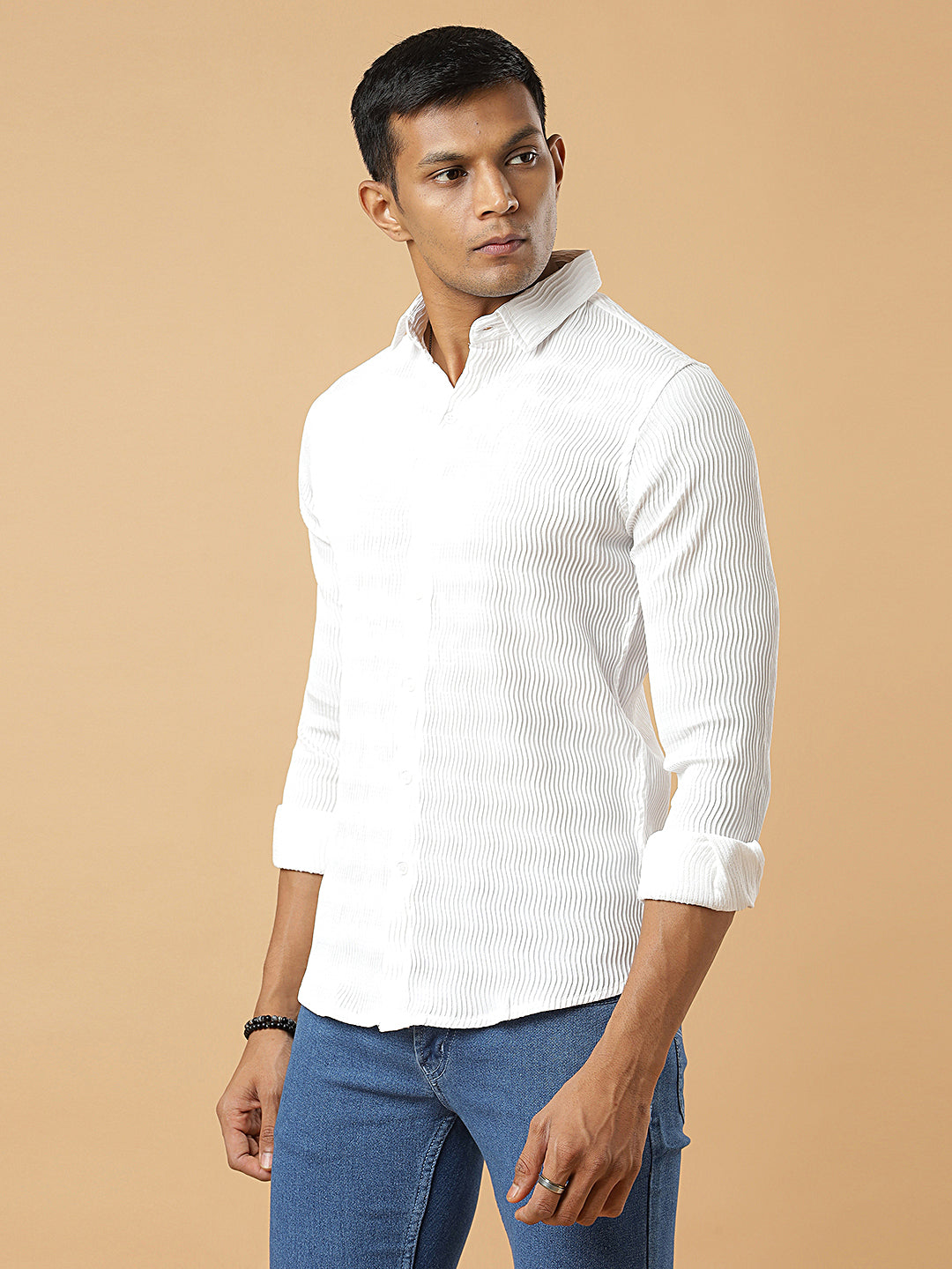 White | Wavy Ridge | Pleated Design Shirt