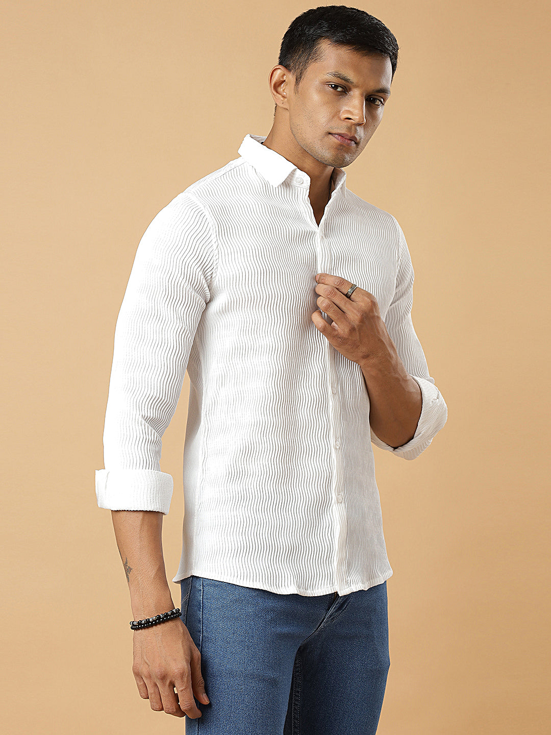 White | Wavy Ridge | Pleated Design Shirt