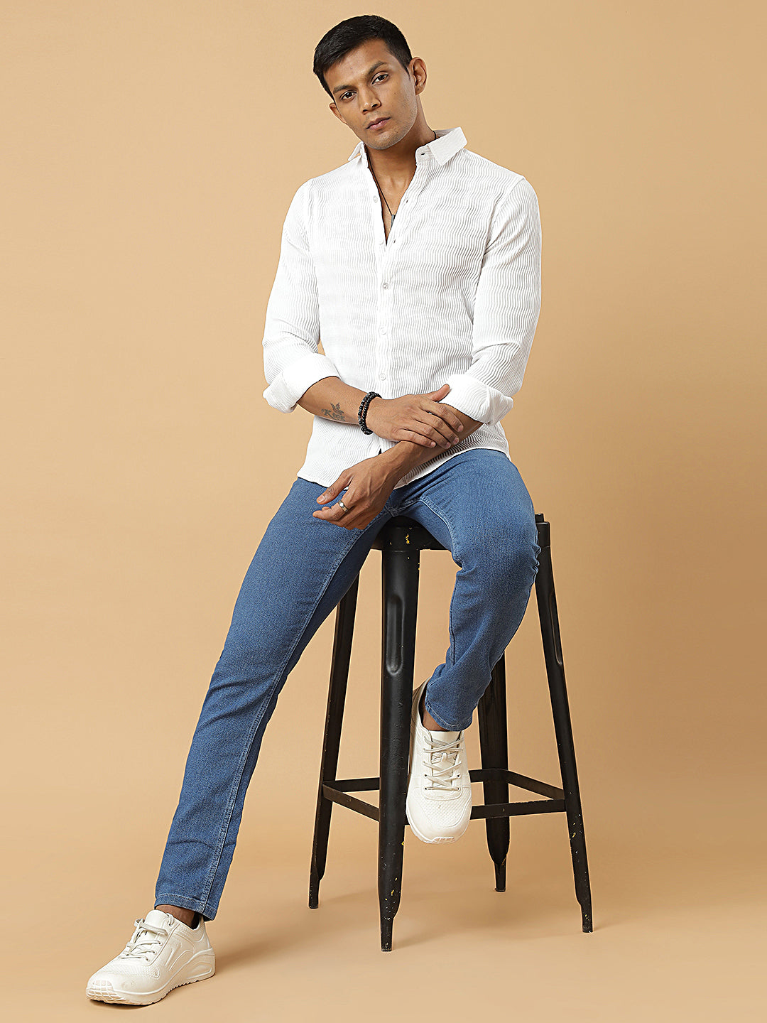 White | Wavy Ridge | Pleated Design Shirt