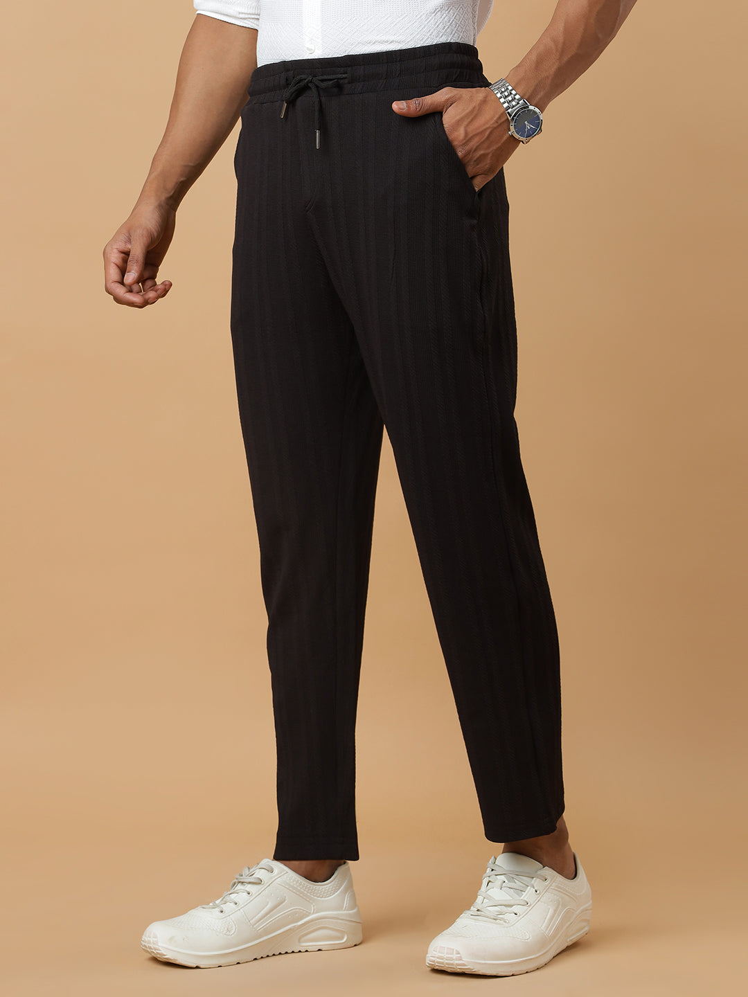 Black | Vertical Stripe Textured Track Pants | All-Season Wear