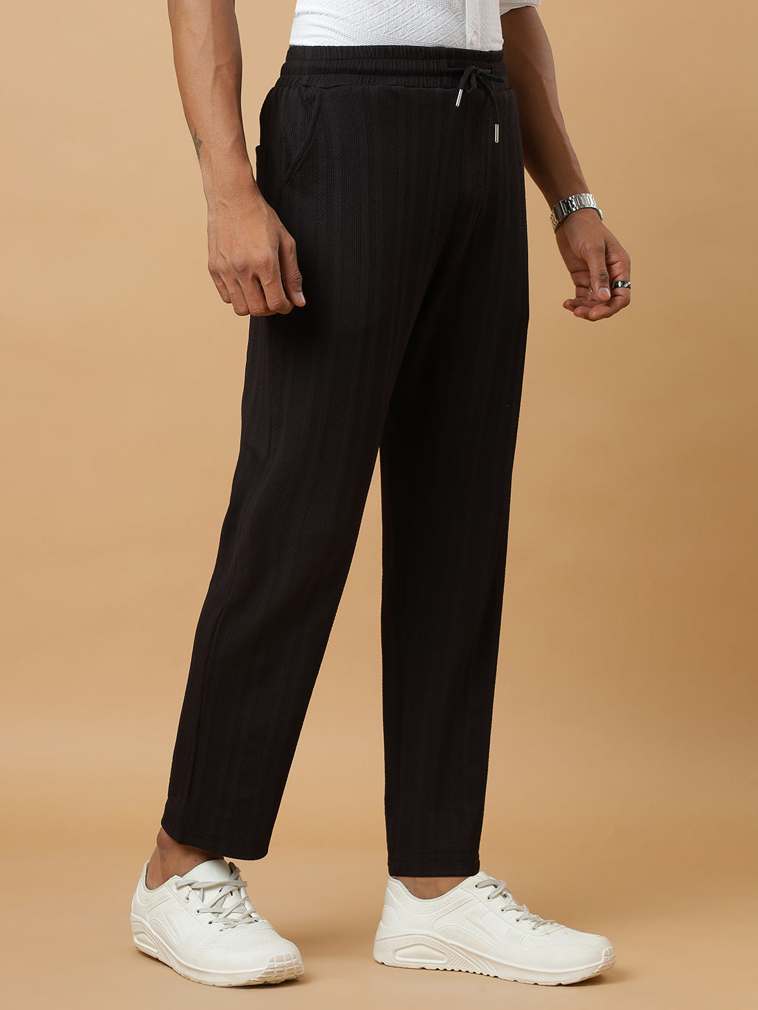 Black | Vertical Stripe Textured Track Pants | All-Season Wear