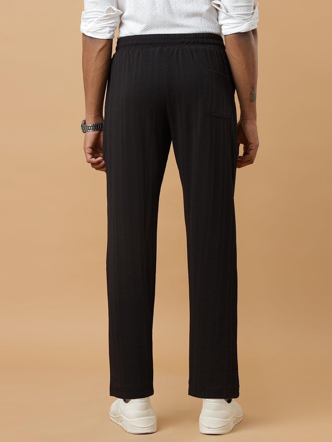 Black | Vertical Stripe Textured Track Pants | All-Season Wear