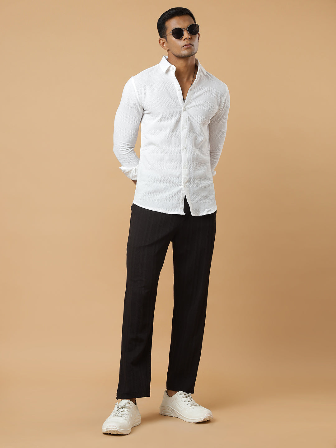 Black | Vertical Stripe Textured Track Pants | All-Season Wear