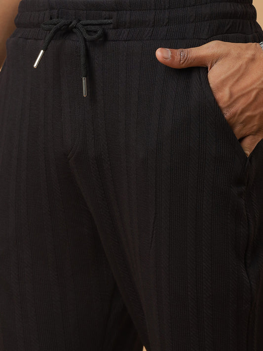 Black | Vertical Stripe Textured Track Pants | All-Season Wear
