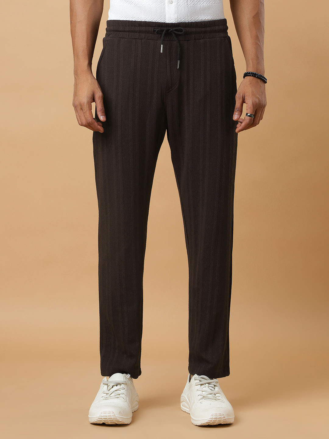 Coffee | Vertical Stripe Textured Track Pants | All-Season Wear