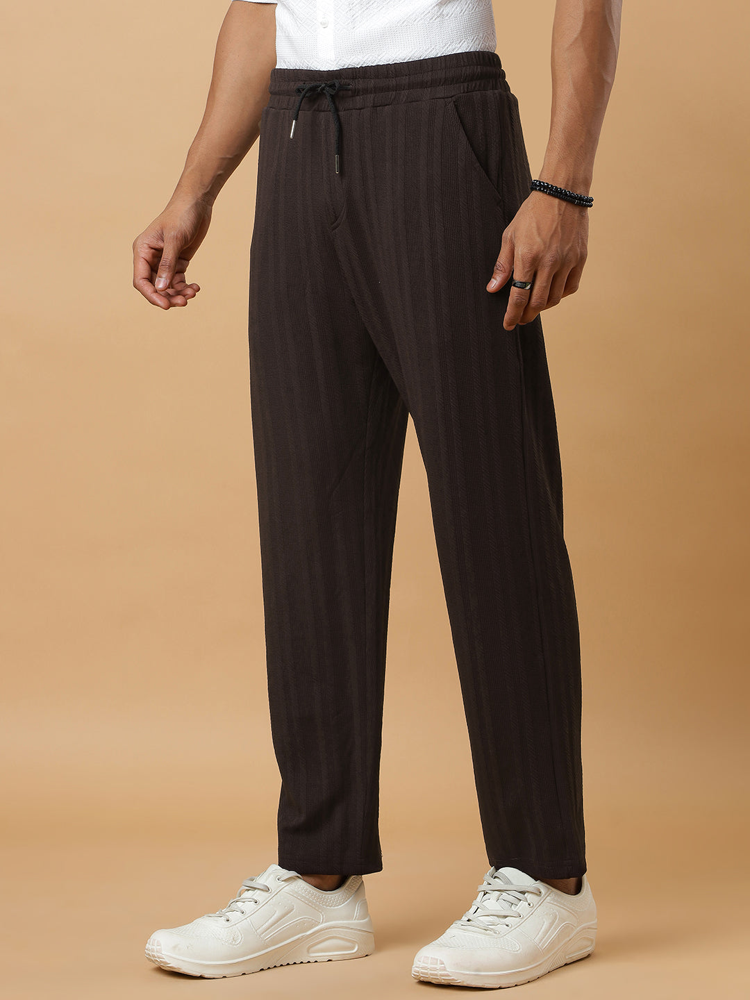 Coffee | Vertical Stripe Textured Track Pants | All-Season Wear
