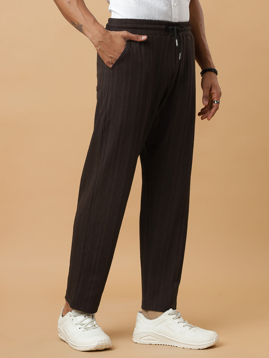 Coffee | Vertical Stripe Textured Track Pants | All-Season Wear