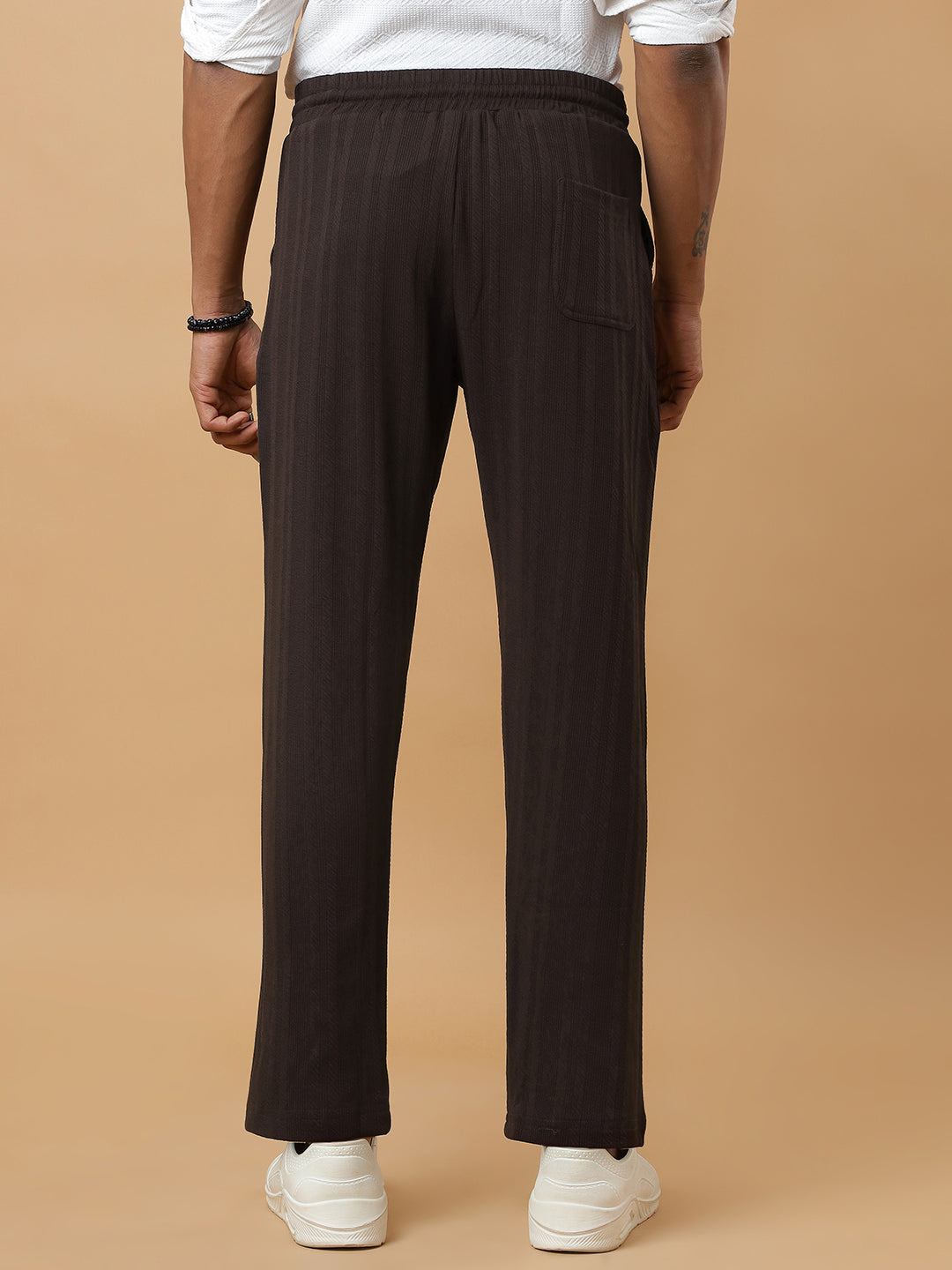Coffee | Vertical Stripe Textured Track Pants | All-Season Wear