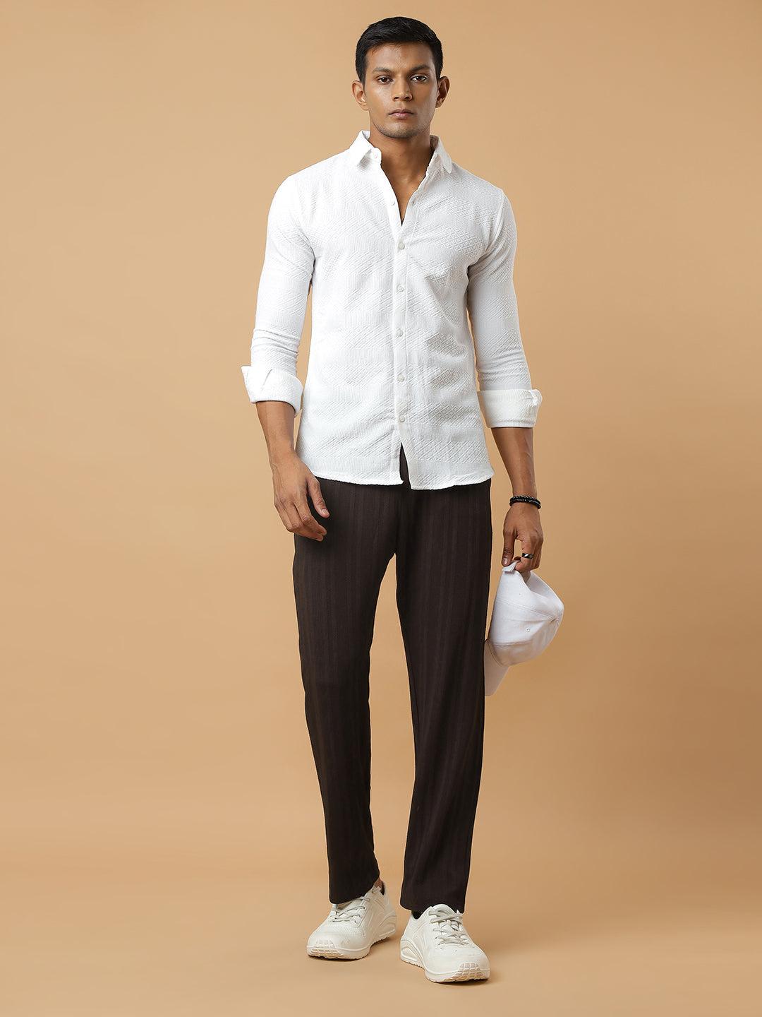 Coffee | Vertical Stripe Textured Track Pants | All-Season Wear