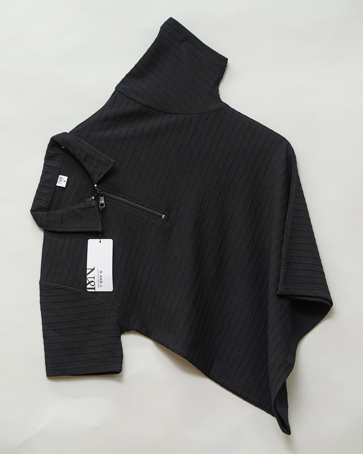 Black | Box Waffle Knit | Polo Zipper T-Shirt