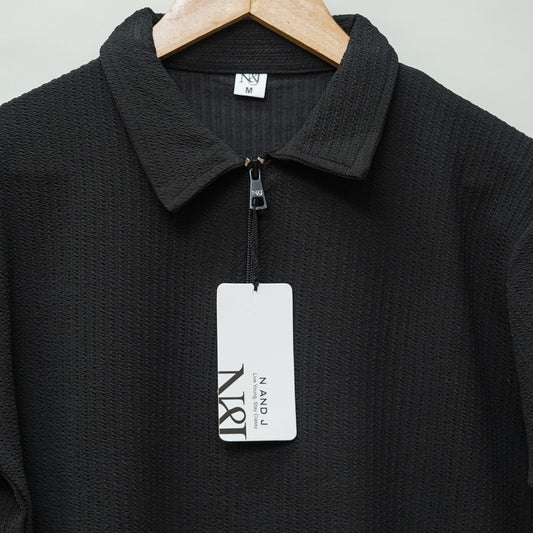 Black | Pique Textured | Polo Zipper T-Shirt