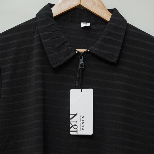 Black | Jacquard Knit Textured | Polo Zipper T-Shirt