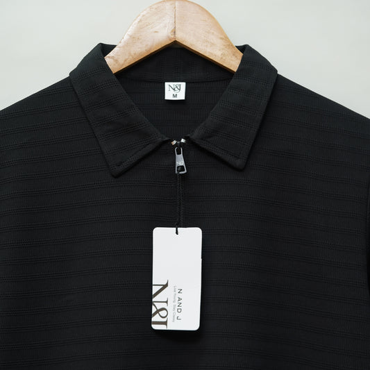 Black | Ottoman Rib Textured | Polo Zipper T-Shirt