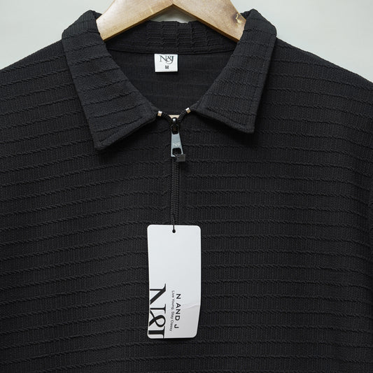 Black | Box Waffle Knit | Polo Zipper T-Shirt
