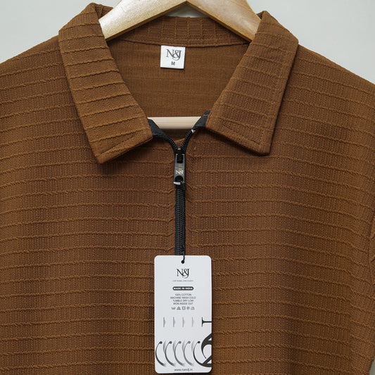 Brown | Box Waffle Knit | Polo Zipper T-Shirt