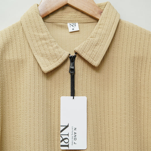 Cream | Pique Textured | Polo Zipper T-Shirt