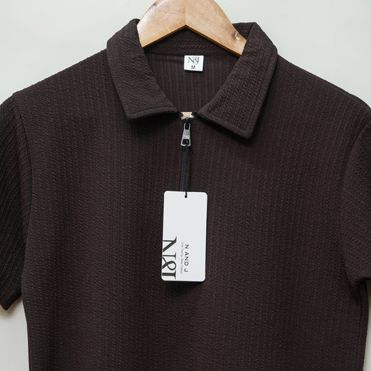 Dark Coffee | Pique Textured | Polo Zipper T-Shirt