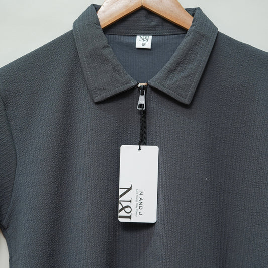 Dark Grey | Pique Textured | Polo Zipper T-Shirt