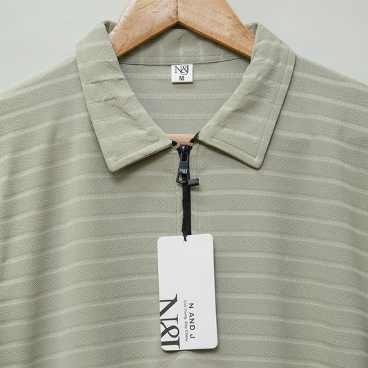 Dark Pista | Jacquard Knit Textured | Polo Zipper T-Shirt