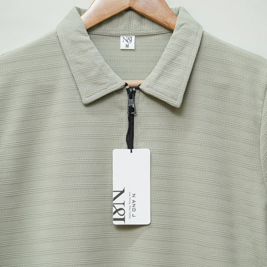 Dark Pista | Ottoman Rib Textured | Polo Zipper T-Shirt