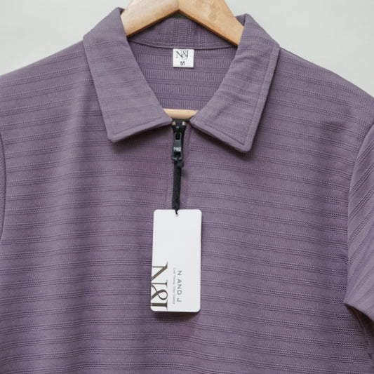 Dark Wine | Ottoman Rib Textured | Polo Zipper T-Shirt