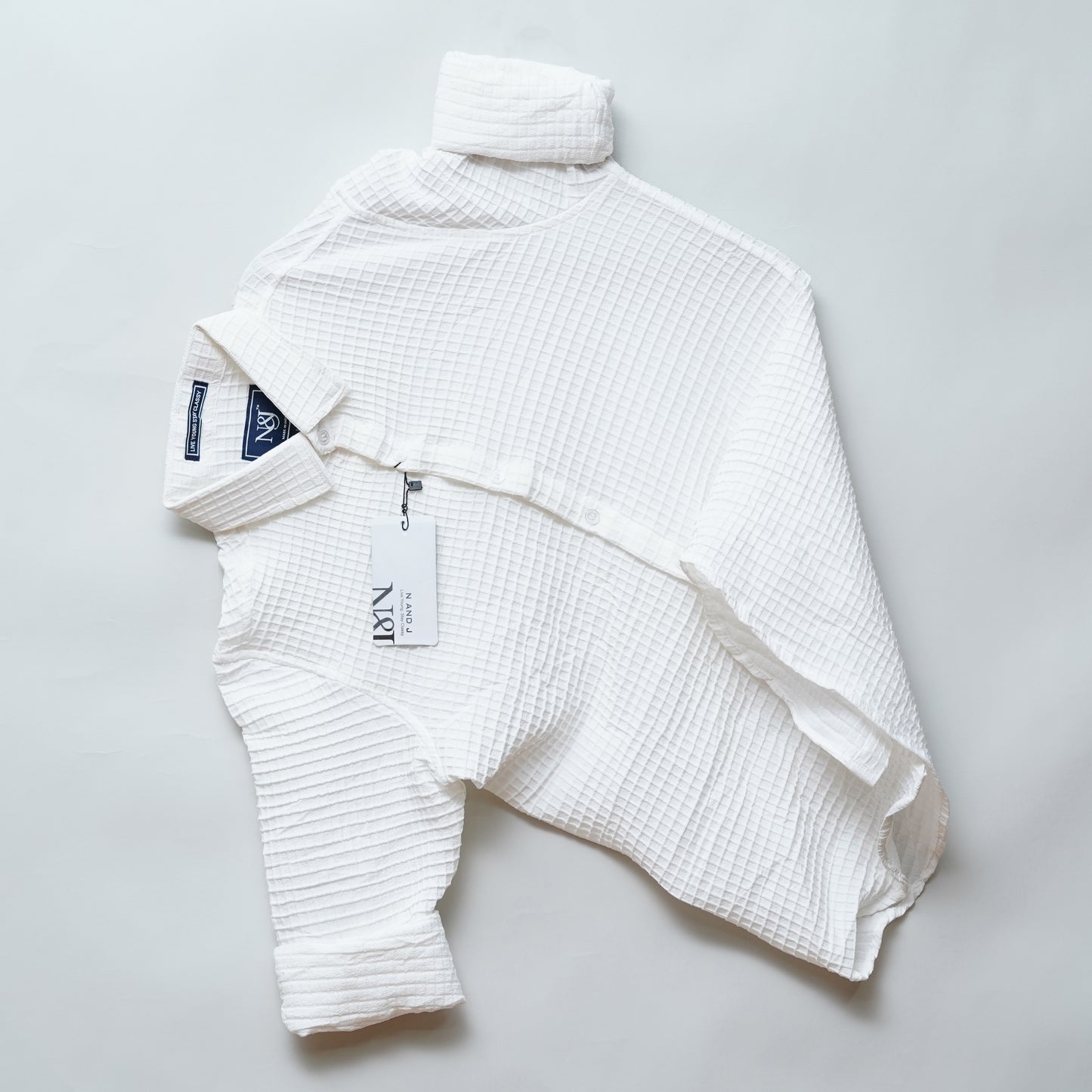 White | Grid Pattern Shirt | Waffle Knit