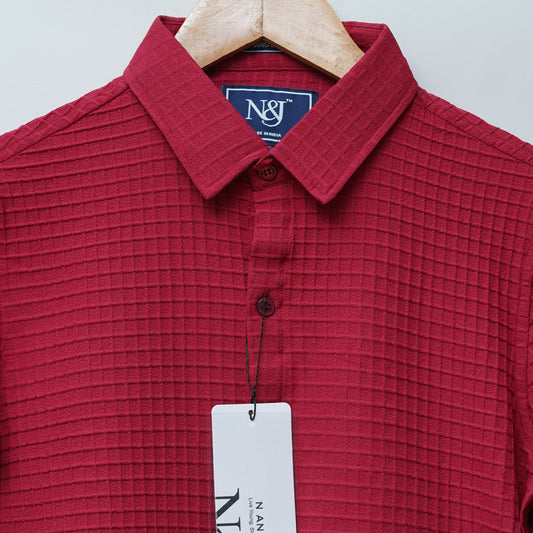 Maroon | Grid Pattern Shirt | Waffle Knit