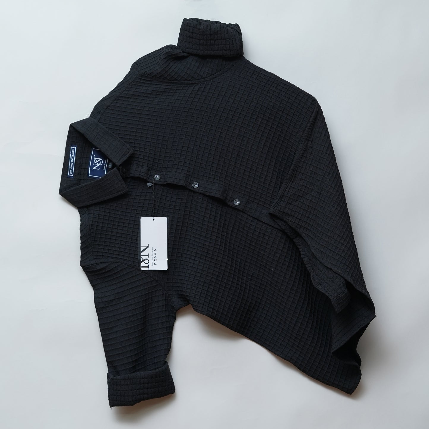 Black | Grid Pattern Shirt | Waffle Knit