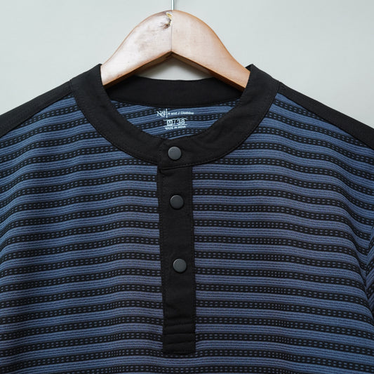 Denim | Henley Neck Striped T-Shirt | Full Sleeve