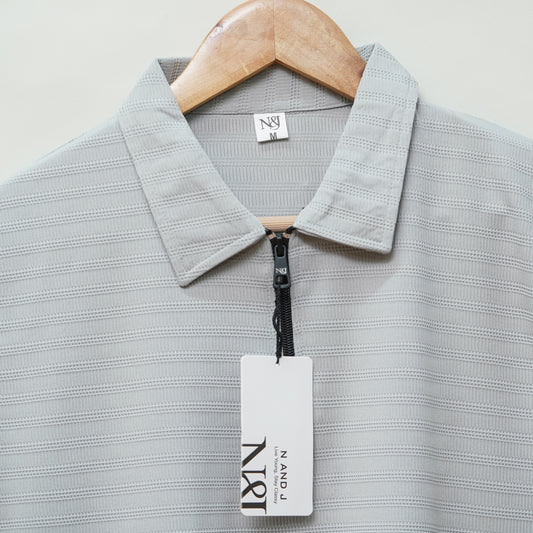 Light Grey | Ottoman Rib Textured | Polo Zipper T-Shirt