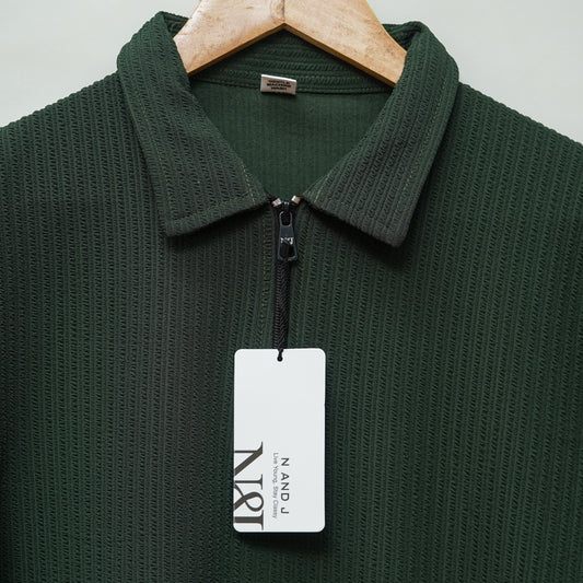 Olive Green | Pique Textured | Polo Zipper T-Shirt