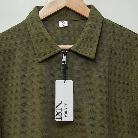 Olive Green | Ottoman Rib Textured | Polo Zipper T-Shirt