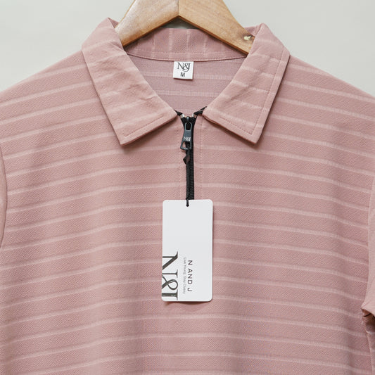 Peach | Jacquard Knit Textured | Polo Zipper T-Shirt
