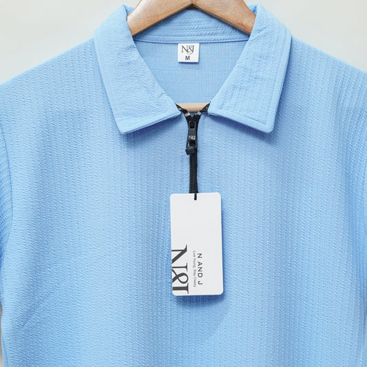 Sky | Pique Textured | Polo Zipper T-Shirt