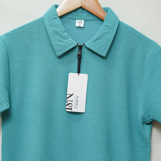 Teal | Pique Textured | Polo Zipper T-Shirt