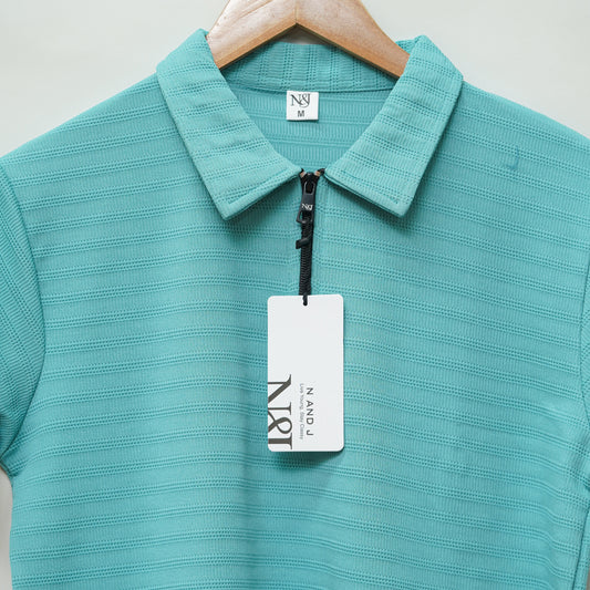 Teal | Ottoman Rib Textured | Polo Zipper T-Shirt
