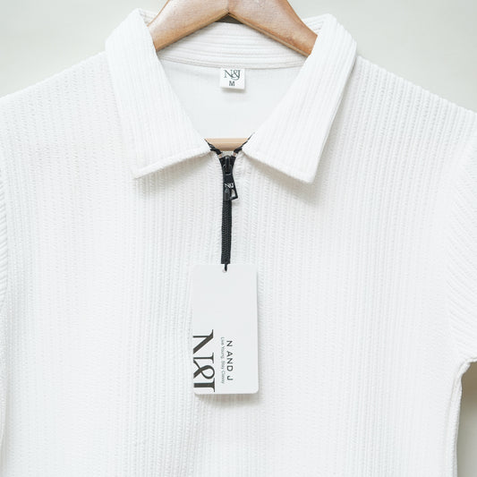 White | Pique Textured | Polo Zipper T-Shirt