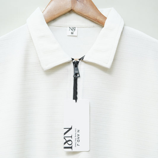 White | Ottoman Rib Textured | Polo Zipper T-Shirt
