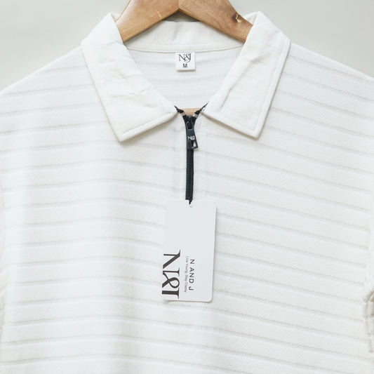 White | Jacquard Knit Textured | Polo Zipper T-Shirt