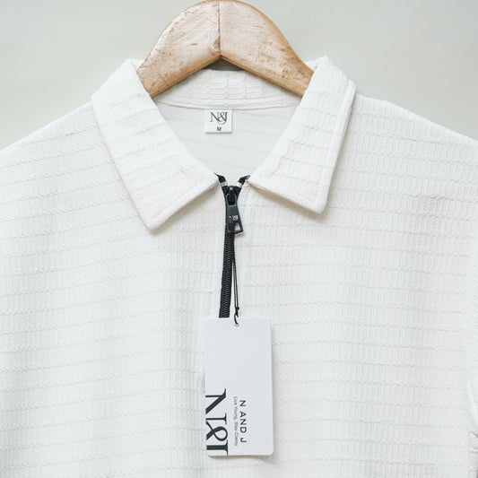 White | Box Waffle Knit | Polo Zipper T-Shirt