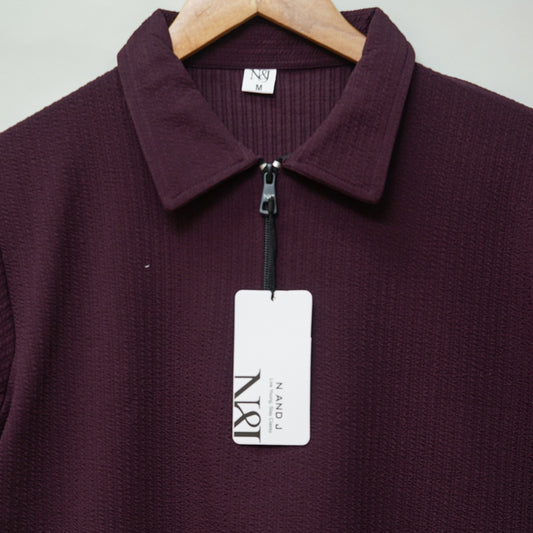 Wine | Pique Textured | Polo Zipper T-Shirt