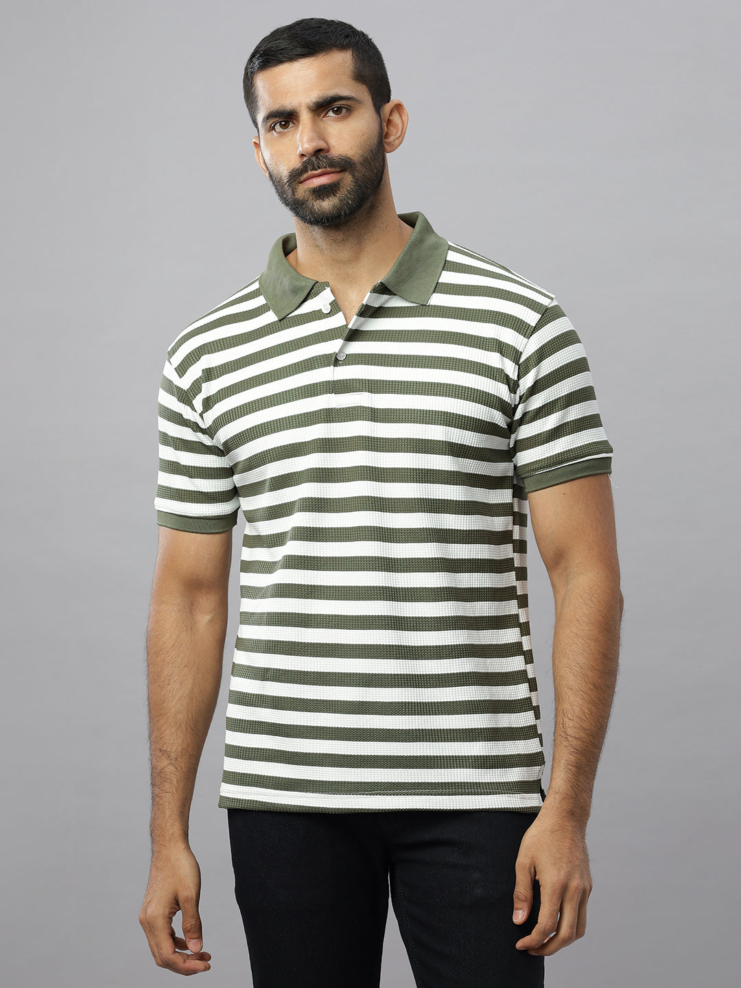 Olive Waffle Polo Striped T-Shirt