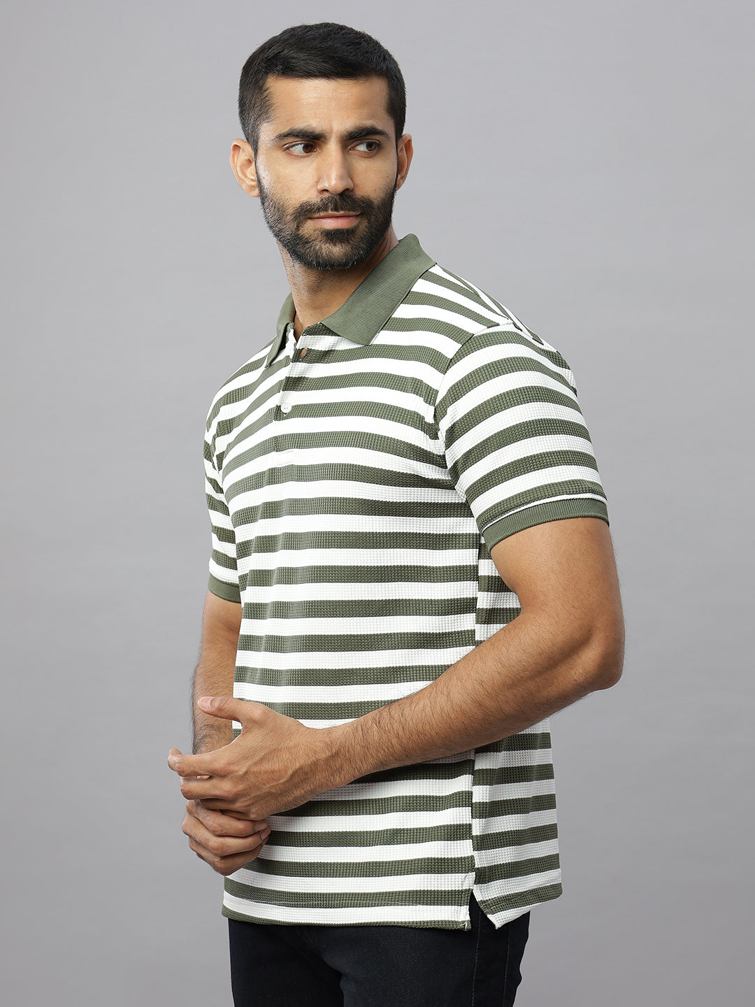 Olive Waffle Polo Striped T-Shirt